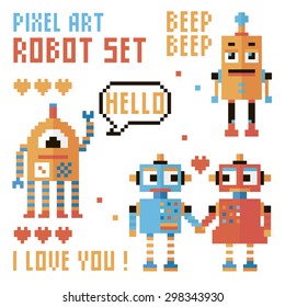 Vector illustration. Set of pixel robots, words, hearts isolated on white background.