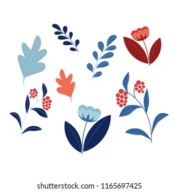 Vector illustration set of plant leaves with branches of berries and flowers isolated on white background - floral decorative elements for natural design in flat style.