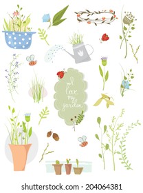 Vector illustration of a set of plants and flowers in the garden, can be used as stickers and kids book design elements