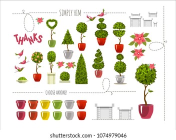 vector illustration set of plants in pots for street topiary on a white background