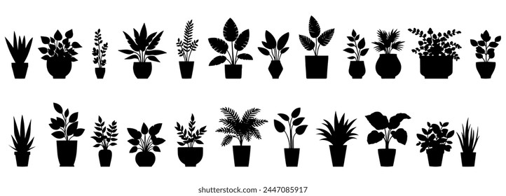 Ilustración vectorial. Conjunto de plantas en macetas. Pegatina de sellos.