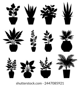Vector illustration. Set of plants in pots. Greenery. seal sticker.