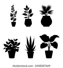 Vector illustration. Set of plants in pots. Greenery. seal sticker.