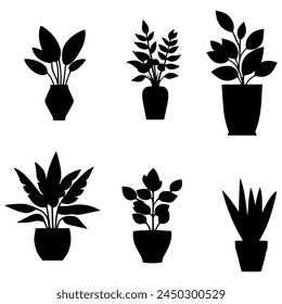 Vector illustration. Set of plants in pots. Greenery. seal sticker.