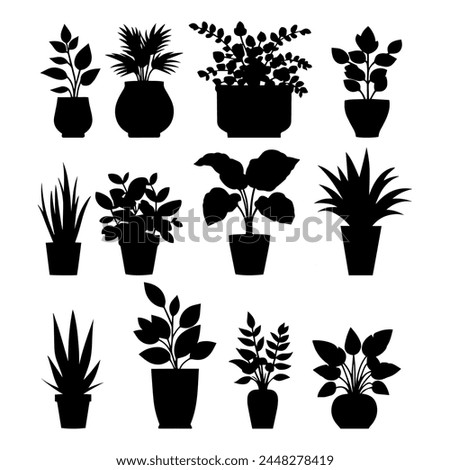 Vector illustration. Set of plants in pots. Greenery. seal sticker.