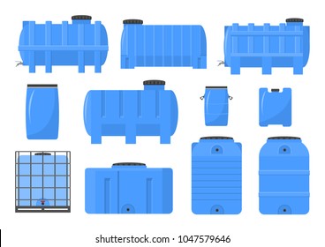 Vector illustration. Set of plastic barrels for water.