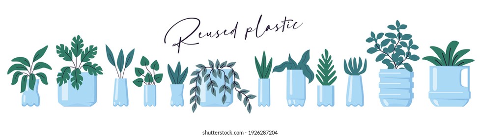 Vector illustration set plastic bottle being reused as plant pots in home garden. Planting seedlings. Zero waste concept website or web page template.