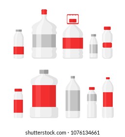 Vector illustration set of plastic bottles for drinking water and liquids, PET, recyclable. Different shapes of bottles with red labels in flat cartoon style isolated on white background.