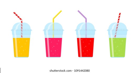 Vector illustration. Set of plastic glasses with juice and straw. Flat style on white background.