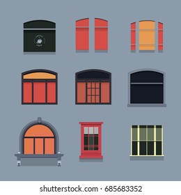 Vector illustration of a set of plastic and wooden windows of various shapes,
