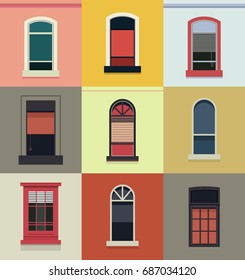 Vector illustration of a set of plastic and wooden windows of various shapes,