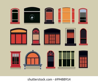 Vector illustration of a set of plastic and wooden windows of various shapes,