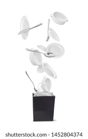 Vector illustration of a set of plates and spoons, departing from the black package