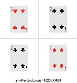 Vector illustration. Set of playing cards on white background. Four of spades, Four of diamonds, Four of hearts and Four of clubs.