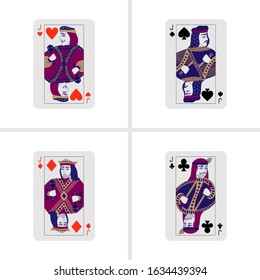 Vector illustration. Set of playing cards. Jack of Spades, Jack of Diamonds, Jack of Hearts, Jack of Clubs. Classic style on a white background.