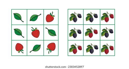 conjunto de ilustraciones vectoriales de campos de juego para el juego tic-tac-toe o náuseas y cruces. versión con fresas, hojas, frambuesas y moras