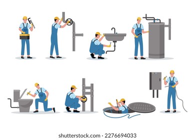 Vector illustration set of plumber workers. Illustration for website, landing page, mobile app, poster and banner. Trendy flat vector illustration