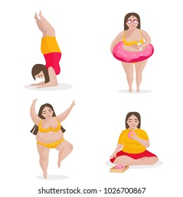 Vector illustration set of plump women. A young girl does yoga, dances, eats donuts, goes to the beach.