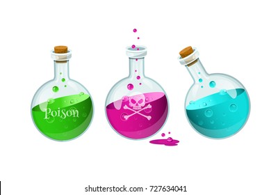 Vector illustration with set of poison bottles.Game icon of a poison bottle