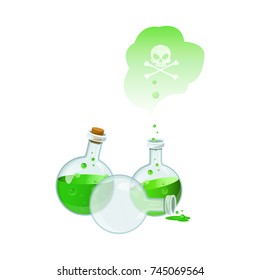 Vector illustration with set of poison bottles.Game icon of a poison bottle.Empty bottle.Toxic vapor