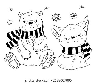 Vector illustration set of polar bear and fox for Christmas in doodle hand drawn style.