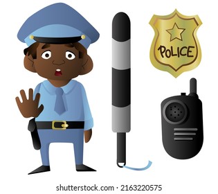 vector illustration set police officer character with proffessional items including baton, handcuffs, badge, walkie-talkie, pen ang notebook