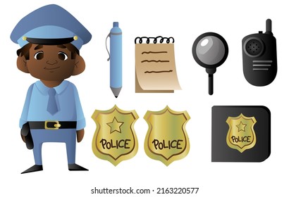 vector illustration set police officer character with proffessional items including baton, handcuffs, badge, walkie-talkie, pen ang notebook