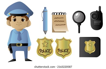 vector illustration set police officer character with proffessional items including baton, handcuffs, badge, walkie-talkie, pen ang notebook