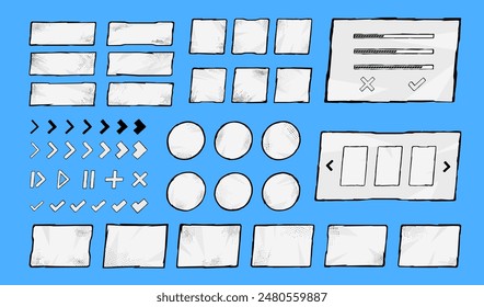 Vector illustration. Set of polygonal buttons, screen and interface elements. Design for menu, home screen, video template, web banner. Childish retro style bundle. Black and white color. 