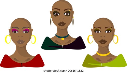 vector illustration of a set of portraits of bald women