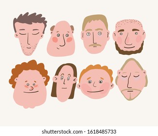 vector illustration, set of portraits of different men. Cartoon, comic, characteristic illustration of men's heads, different images for congratulating a man on February 23