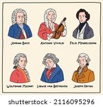 Vector illustration. Set of portraits of famous composers of the world.  Johann Bach, Antonio Vivaldi, Felix Mendelssohn, Wolfgang Mozart, Ludwig van Beethoven, Joseph Haydn