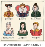 Vector illustration. Set of portraits of famous queens. Empress Cixi, Elizabeth I, Ana de Mendoza, Marie Antoinette, Anne Boleyn, Marie Stuart