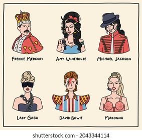 Vector illustration. Set of portraits of famous pop artists. Freddie Mercury, Amy Winehouse, Michael Jackson, Lady Gaga, David Bowie, Madonna. England, UK 01.09.2021
