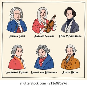 Vector illustration. Set of portraits of famous composers of the world.  Johann Bach, Antonio Vivaldi, Felix Mendelssohn, Wolfgang Mozart, Ludwig van Beethoven, Joseph Haydn