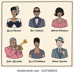 Vector Illustration. Set Of Portraits Of Famous Jazz Musicians. Billie Holiday, Ray Charles, Aretha Franklin, Dizzy Gillespie, Ella Fitzgerald, Frank Sinatra. England, UK 01.02.2022