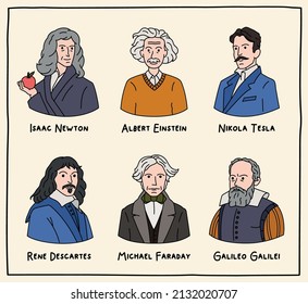 Ilustración vectorial. Retratos de científicos famosos. Isaac Newton, Albert Einstein, Nikola Tesla, Rene Descartes, Michael Faraday, Galileo Galilei. Estilo Doodle