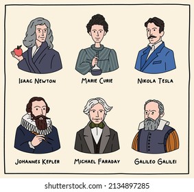 Ilustración vectorial. Retratos de científicos famosos. Isaac Newton, Maria Curie, Nikola Tesla, Johannes Kepler, Michael Faraday, Galileo Galilei. Estilo Doodle