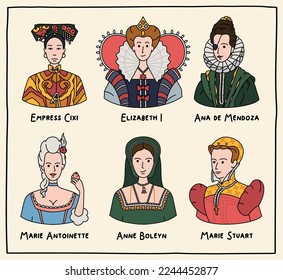 Vector illustration. Set of portraits of famous queens. Empress Cixi, Elizabeth I, Ana de Mendoza, Marie Antoinette, Anne Boleyn, Marie Stuart svg