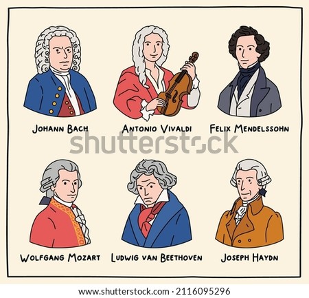 Vector illustration. Set of portraits of famous composers of the world.  Johann Bach, Antonio Vivaldi, Felix Mendelssohn, Wolfgang Mozart, Ludwig van Beethoven, Joseph Haydn