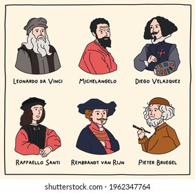 Vector illustration. Set of portraits of great painters of History. Leonardo da Vinci, Michelangelo Buonarroti,  Diego Velazquez, Raffaello Santi, Rembrandt van Rijn, Pieter Bruegel