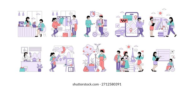 Conjunto de Ilustración vectorial que retrata varias ocupaciones y actividades, incluyendo servicio de barista, compras, entrega, navegación, viajes, cocina, pintura, jardinería, turismo y educación.