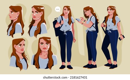 Vector illustration. A set of poses and portraits of a young female student. Character design.