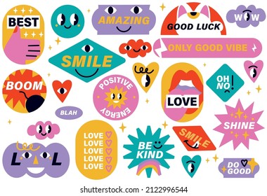 Vector Illustration Set Of Positive And Funny Stickers, Pins Or Patches With Motivation Phrases.