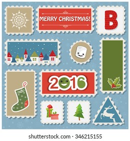 Vector illustration of a set of post stamps Christmas and New Year related