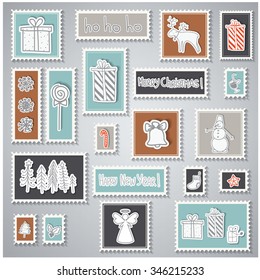 Vector illustration of a set of post stamps Christmas and New Year related