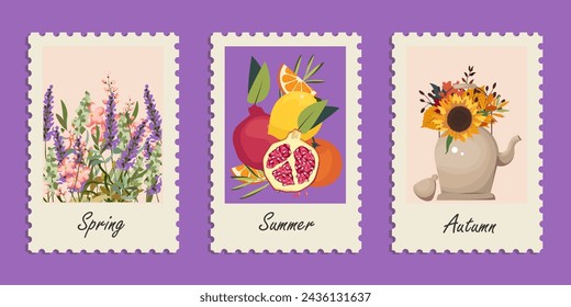 Ilustración vectorial. Conjunto de sellos postales, elementos de diseño. Primavera Verano Otoño. Sellos postales, postales. Diseño moderno.
