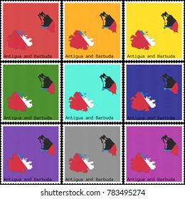 Vector illustration of a set of postage stamps with a background of nine different colors with the silhouette of Antigua and Barbuda  painted in colors of the national flag of Antigua and Barbuda 