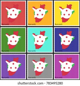 Vector illustration of a set of postage stamps with a background of nine different colors with the silhouette of Burundi  painted in colors of the national flag of Burundi with the effect of offset