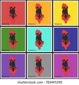 Vector illustration of a set of postage stamps with a background of nine different colors with the silhouette of Albania  painted in colors of the national flag of Albania with the effect of offset